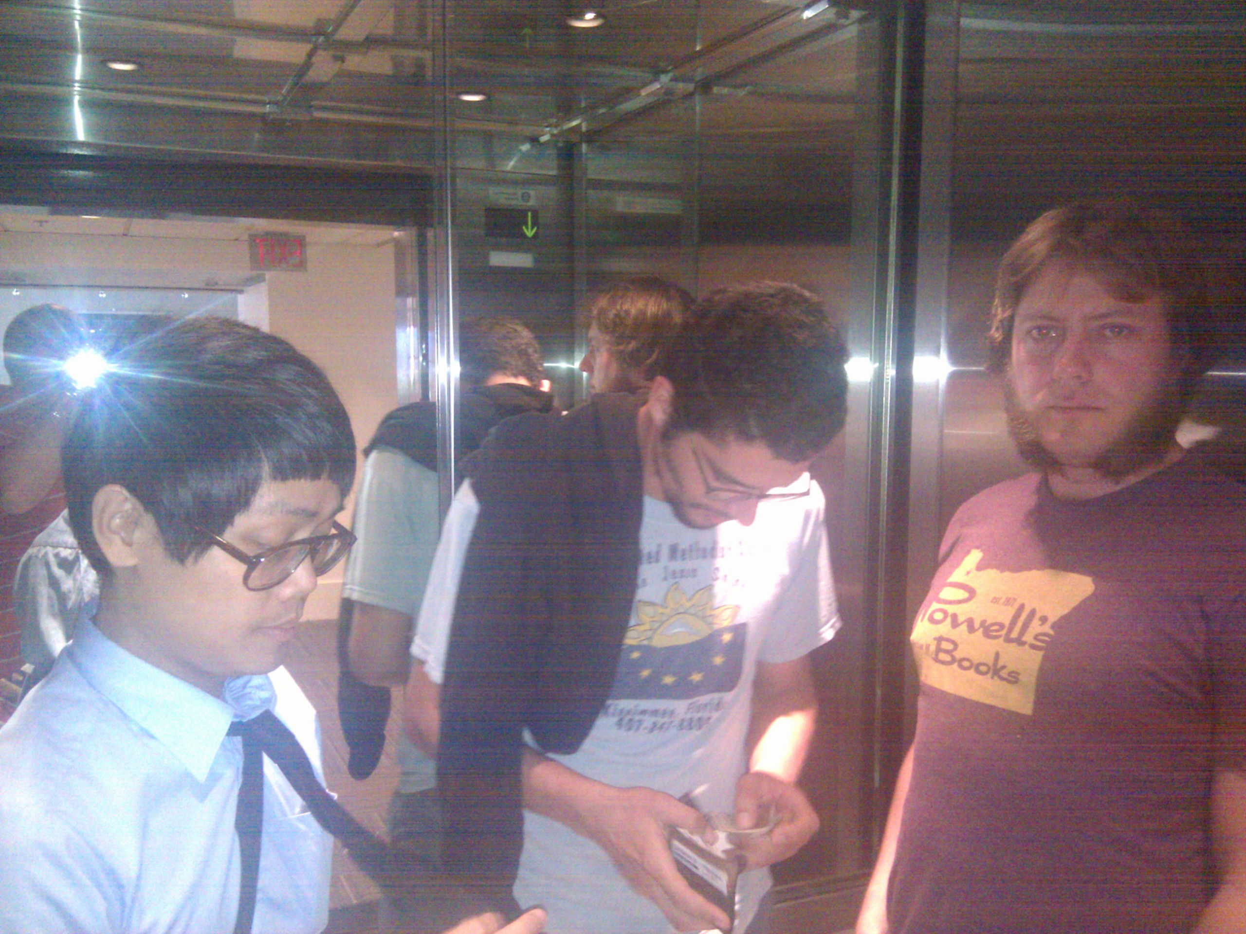 Coffee explorers, in the elevator